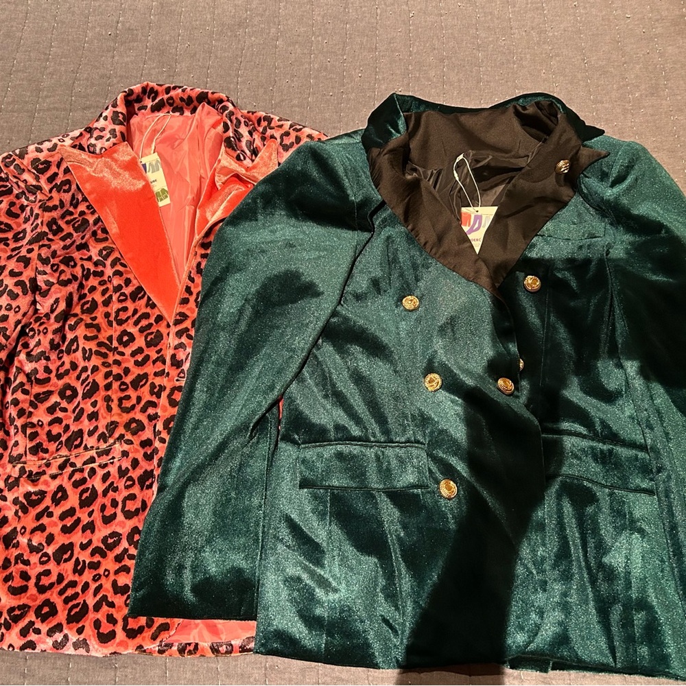 Emerald Green and Pink Leopard Print Velvet Blazer Jacket LG/XL